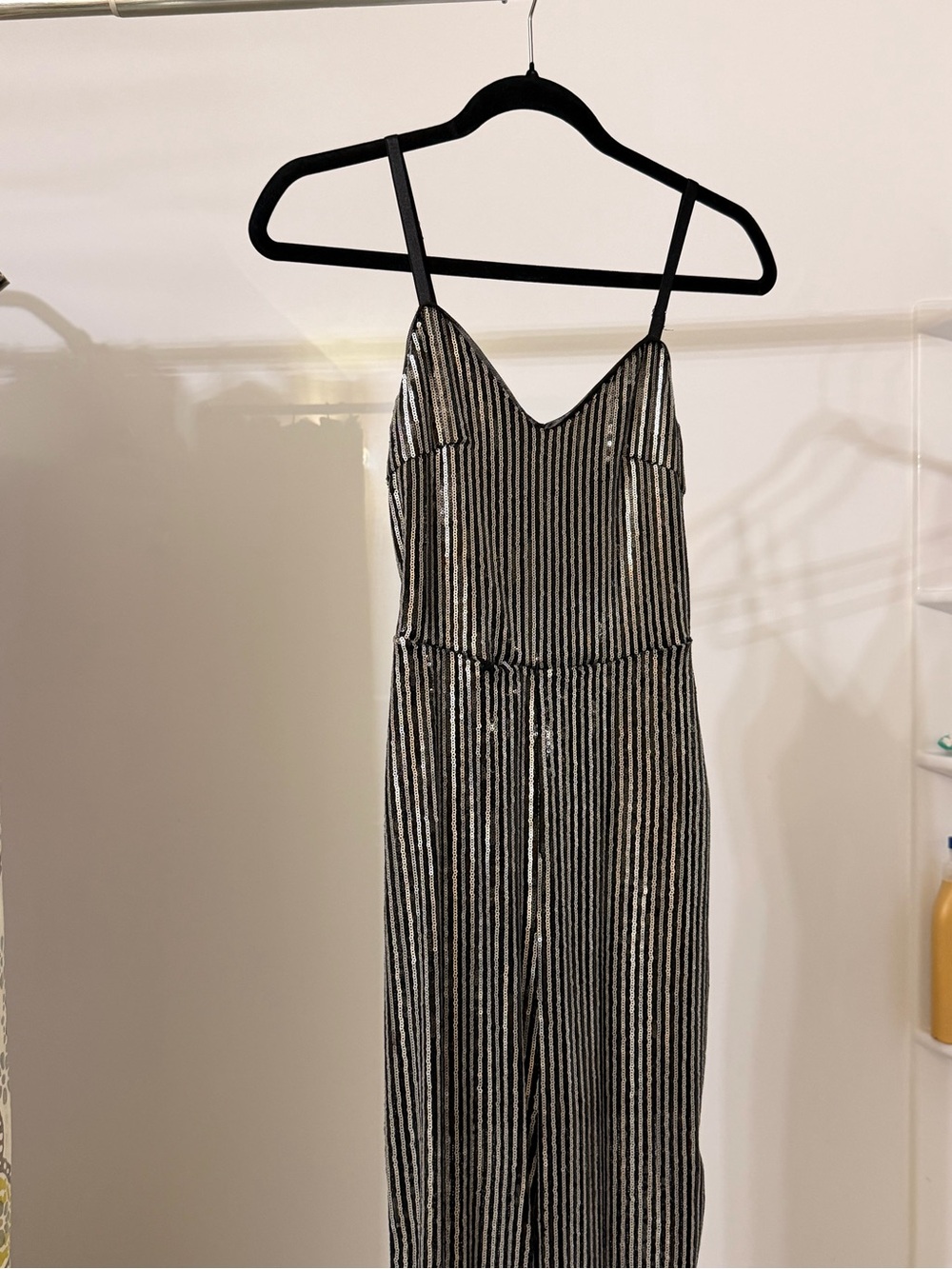 Fashion Nova Black & Silver Striped Strapless Jumpsuit